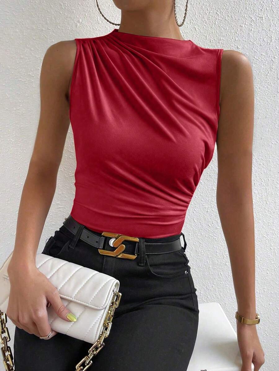 SHEIN PETITE Camiseta sin mangas de mujer con cuello alto, de unicolor, ajustada, con pliegues y de estilo casual - Rojo - Ver 1
