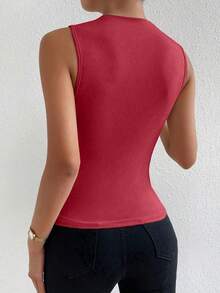 SHEIN PETITE Camiseta sin mangas de mujer con cuello alto, de unicolor, ajustada, con pliegues y de estilo casual - Rojo - Ver 2
