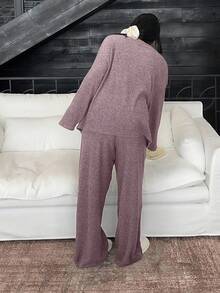 Dazy Plus 2 Stücke Große Größen Damen Dicke Fleece V-Ausschnitt Locker Top und Hose Pyjama Set, modische Hauskleidung für Herbst/Winter - Mauve - Übersicht 2