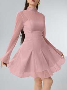 Heiryn Women's Solid Color Stand Collar Raglan Flare Sleeve Ruched Waist Elegant Mini Dress - Pink - View 5