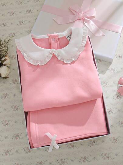 Souflis Souflis 2 st/set vintage fransk stil babyflicka långärmad tröja med kontrastfärgad krage och utsvängda vardagsbyxor, mångsidig för skolan, utflykter och flera tillfällen