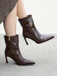 CUCCOO BIZCHIC Pointed-Toe Stiletto Boots | Bronze Buckle Strap Detail | Smooth Leather-Look | Leg-Lengthening Mid-Calf | 2 Pairs, Premium Synthetic - Brown - View 1