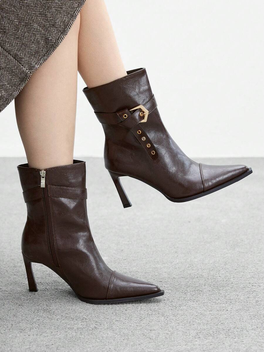 CUCCOO BIZCHIC Pointed-Toe Stiletto Boots | Bronze Buckle Strap Detail | Smooth Leather-Look | Leg-Lengthening Mid-Calf | 2 Pairs, Premium Synthetic - Brown - View 1