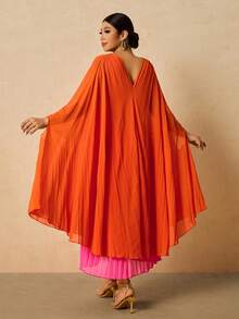 Travachic 大码女式橙色和紫红色拼接褶皱V领长袖宽松派对连衣裙 - 彩色 - 查看 2