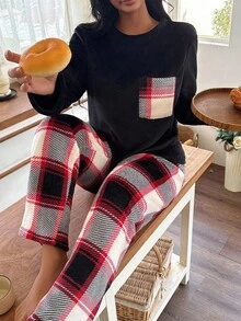 Snug Zone 女士保暖法兰绒格子蓬松睡衣套装，秋冬服装，舒适 - 黑色 - 查看 6