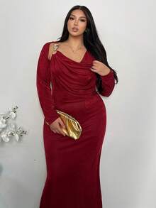 SHEIN Privé Plus Size Solid Color Draped Metal Ring Decor Elegant Long Sleeve Dress Red, New Year Dress For Women - Burgundy - View 4
