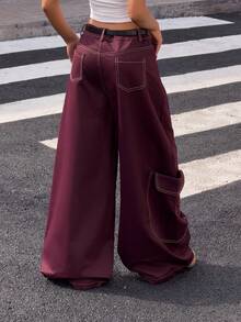 Muchica 感恩节酒红色梭织阔腿裤，女士款，撞色滚边，时尚百搭 - 酒紅色 - 查看 2
