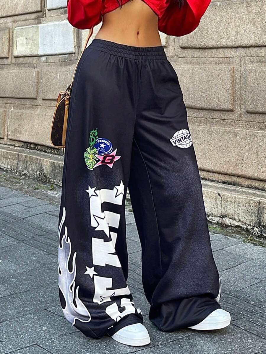 Coolane 夏季运动休闲徽标图案宽松运动裤 - 黑色 - 查看 1