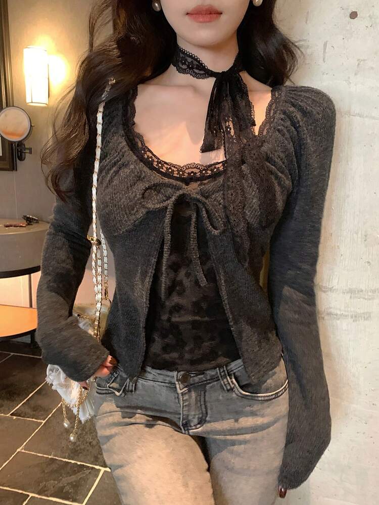 Women's Lace Patchwork Tie-Up Long Sleeve T-Shirt, Autumn/Winter