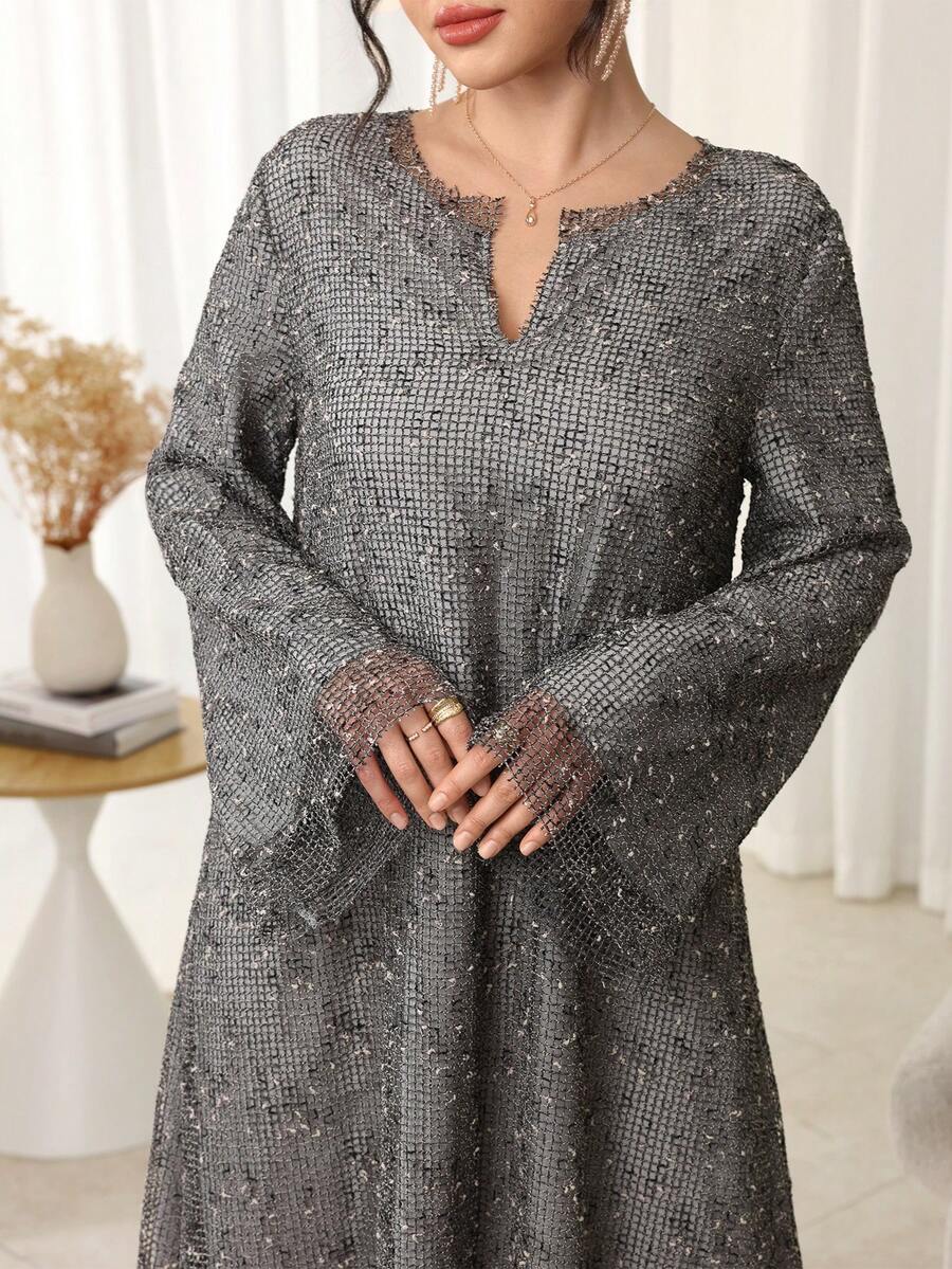 Al Najma 宽松休闲网纱土耳其长裙及阿拉伯传统长袍，秋冬款 - 灰色 - 查看 1