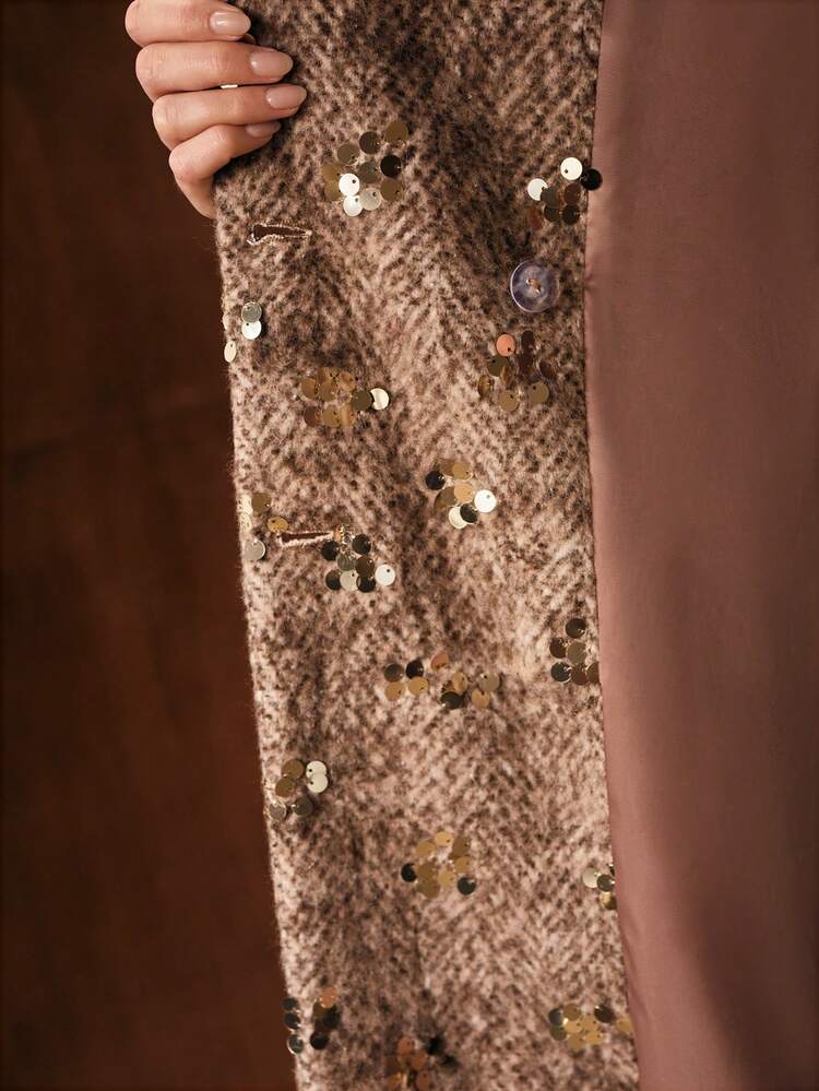 EMBELLISHED SEQUIN LAPEL COLLAR THICK HIGH-END WOMEN OVERCOAT