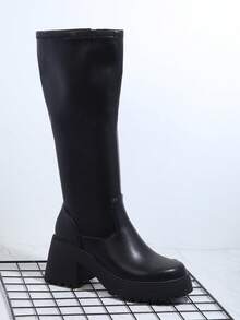 SHUZIA 女式过膝高筒靴，内侧拉链，圆头，厚底，弹力材质，黑色靴子 - 黑色 - 查看 3