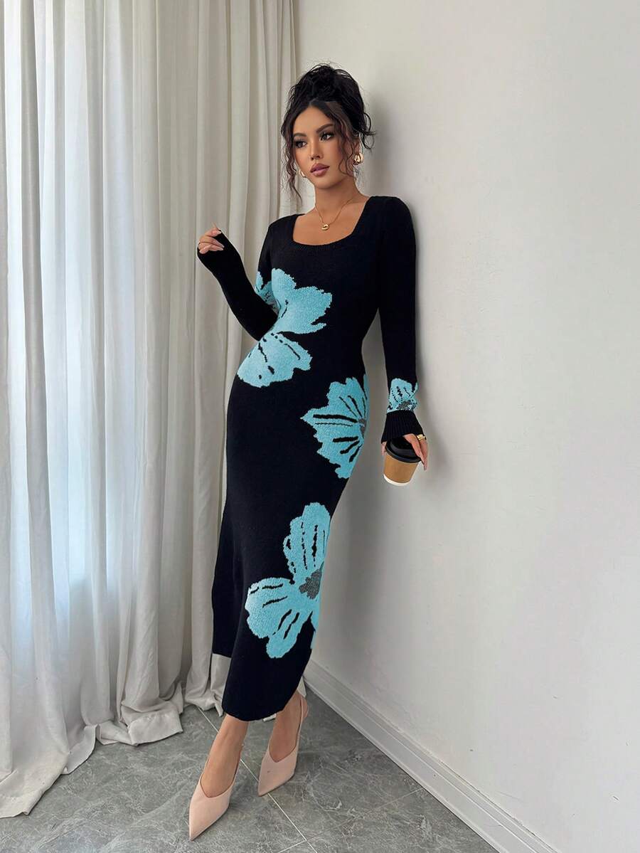 Elenzga Square Neck Jacquard Knit Bodycon Waist Sweater Dress - Baby Blue - View 1