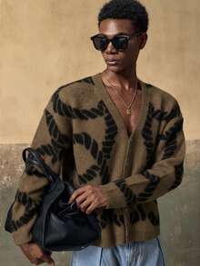 AKNOTIC 男士休闲时尚 - 宽松纽扣开襟毛衣 - 对比提花图案 - 可机洗或干洗 - 适合秋冬季穿着 - 咖啡棕 - 查看 7