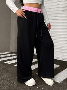 Muchica 大码女式抽绳腰部字母印花口袋宽松运动裤，黑色 - 黑色 - 查看 4