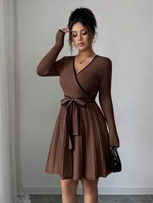 SHEIN Elenzya Váy len peplum viền tương phản cổ chữ V ôm sát thanh lịch dành cho nữ, mùa thu/đông - màu nâu - Xem 4