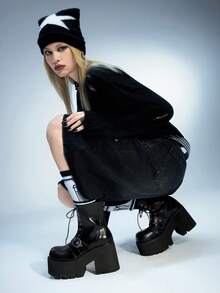 Sugerpunk Gothic Punk Style Platform Ankle Boots For Women, Round Toe Thick Heel Ankle Boots With Metal Rivet Buckle Strap Decor, Comfortable Back Zipper Lace-Up Chunky Heel Booties For Party - Black - View 8