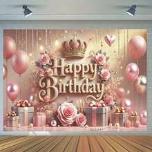 1pc Pink Floral Balloon Birthday Party Background With Crown Pearl Gift Box Design, Princess Birthday Party Background Cloth, Cake Table Decor, Photography Backdrop, Polyester Banner - Apricot - View 4