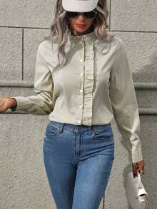 SHEIN LUNE 休闲通勤条纹荷叶边下摆衬衫，秋季 - 卡其色 - 查看 6