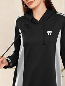 Modelyn 蝴蝶结印花条纹时尚连帽插肩长袖女式长连衣裙，春秋季 - 彩色 - 查看 3