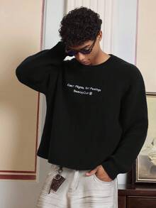 SWAVVY Men's Casual Loose Fit Crew Neck Long Sleeve Knit Sweater - Black - View 3