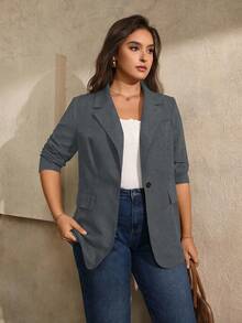 Juhart Plus Size Women Vintage Brown Elegant Botanical Embossed Blazer - Grey - View 3