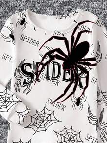 一套青少年男童蜘蛛印花修身长袖上衣和裤子睡衣套装，春秋季休闲睡衣 - 白色 - 查看 3