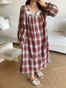 DAZY Women's Sweet Plaid Ruffle Hem Nightgown, Autumn/Winter, Moo Moo Night Dress - Red - View 3