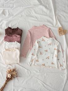 Loomiva 6pcs Baby Girl Floral Print Soft Knit Crew Neck Long Sleeve Ruffle Hem Tops Set - Multicolor - View 2