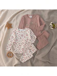 Loomiva 4件套女婴碎花印花柔软针织贴身睡衣套装，圆领长袖上衣和松紧腰打底裤 - 彩色 - 查看 3