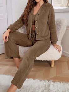 SHEIN 3件套女士休闲毛绒纯色背心、裤子和上衣套装，秋冬季蓬松舒适套装，女士休闲两件套家居服套装 - 棕色 - 查看 5