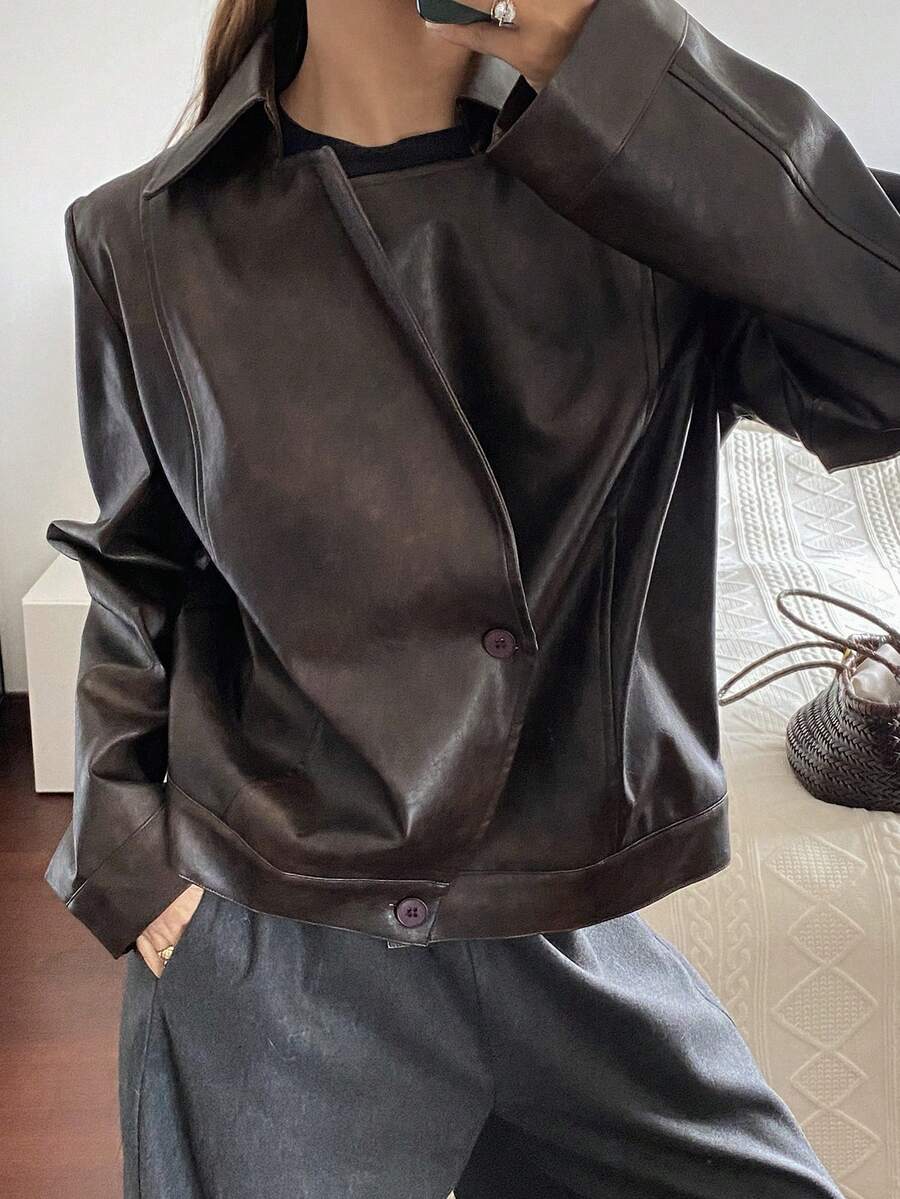 DAZY 女士休闲PU皮夹克，常规版型，秋季女式外套 - 咖啡棕 - 查看 1