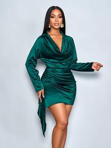 SOLERSUN Women's Elegant Drape Neck Asymmetrical Ruffle Ruched Hem Satin Party Bodycon Dress,Suitable For Christmas Party Vacation & Dating,Fall/Winter - Dark Green - View 5