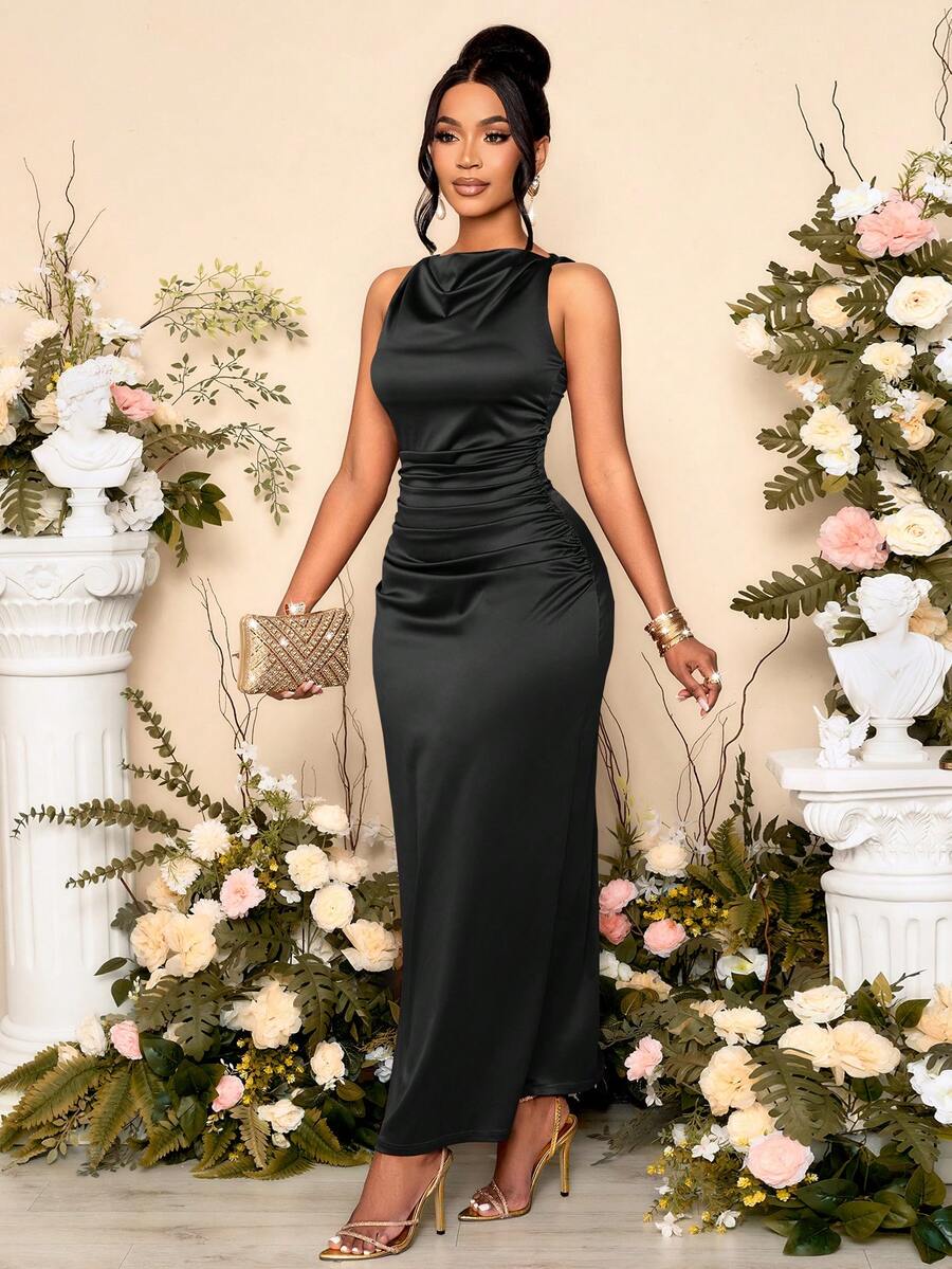 SOLERSUN Vestido de fiesta de mujer de unicolor elegante con cuello drapeado, mangas arrugadas y sin mangas, perfecto para banquetes - Negro - Ver 1