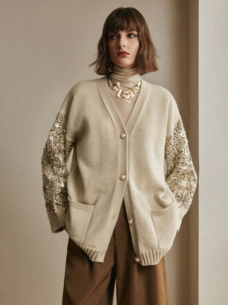 Arave 女款優雅米色秋季亮片開襟衫,寬鬆版型V領長袖冬季亮片鈕扣派對款 - 卡其色 - 查看 1
