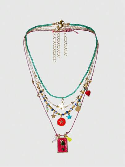 ROMWE Kawaii 4pcs Bohemian Handmade Beaded Colorful Square Fish & Starfish Pendant Multilayer Necklace Set For Women, Suitable For Daily, Party, Beach, All Seasons