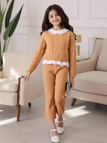 Girls' New Sweet Lace Trim Lazy Solid Color Jacquard Pullover Sweater With Casual Wide Leg Pants, Suitable For Travel, Gatherings, And Back To School - Bronze - View 8