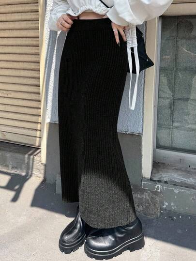 FRIFUL 女士纯色深灰色罗纹针织弹力腰直筒半身裙，显瘦，适合度假、秋季和冬季穿着。