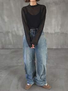 FRIFUL 女士灰色透视修身打底上衣 长袖 春季 - 黑色 - 查看 2