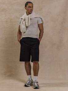 Musero Long Line Basic Plain Style Jersey Elasticated Waistband Shorts Autumn Winter Wardrobe Capsule - Black - View 1