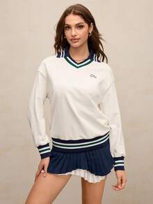 Activina 女士休闲撞色条纹卫衣 - 白色 - 查看 3