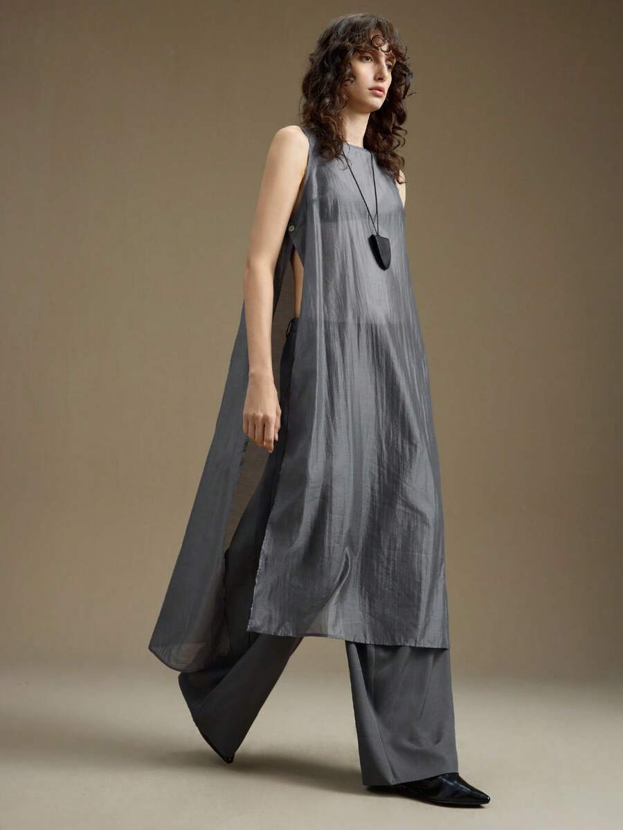 Ontre Women's Round Neck Sleeveless Semi-Sheer Blouse, Side Button Long Top, Suitable For Urban Commute, Business, Casual, Christmas, New Year Party