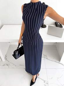 Siren Gaze Women's Fashion Commuter Striped Collar Vest And Skirt 2 Pieces Set Summer Blue - Blue - View 2