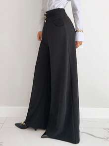 Siren Gaze Women's Minimalist Commuter Elegant Metal Buckle Decor Wide Leg Pants, Black Winter Dress Pants Thanksgiving Old Style - Black - View 4