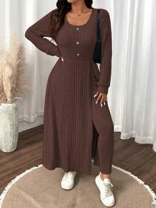 SHEIN LUNE Plus Size Women Solid Color Fuzzy Ribbed Minimalist Casual Autumn/Winter Top And Slim Fit Pants Set - Rust Brown - View 6
