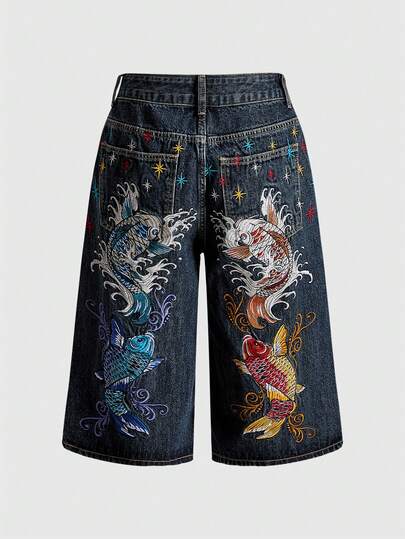 J-Fashion جينز واسع الساق فضفاض مطرز بزهور الكارب من الثقافة الفرعية للهيب هوب، مناسب للجنسين