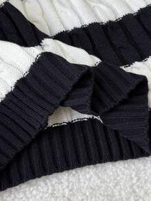 SHEIN Tween Girl Striped Sweater Suitable For Casual Wear, Back To School Wear, Home Style, Daily Wear, School Wear, Travel Wear, Sports Wear, Winter Wear, Christmas Wear, New Year Wear, Preppy Style Autumn Winter White And Black Striped Sweater Knit Sweater Cute Sweater Unisex Cable Knit Sweater - Black and White - View 11