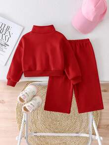 SHEIN 2 件套女婴羊毛衫和裤子套装，刺绣字母设计，适合户外和室内穿着的休闲装，秋冬 - 紅色 - 查看 7