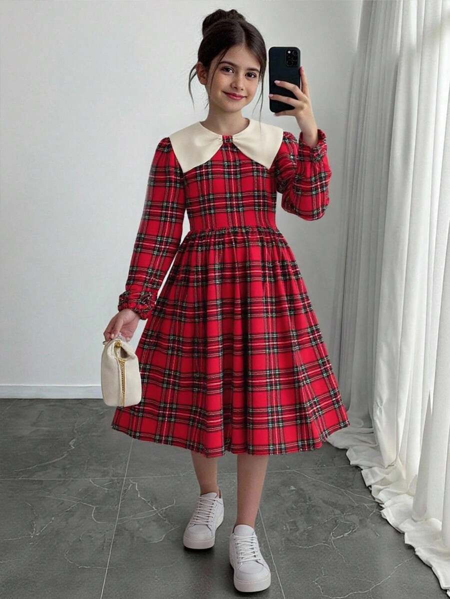 SHEIN 青少年女孩格紋領優雅長袖收腰A字版型荷葉邊拼接撞色聖誕洋裝 - 紅色 - 查看 1
