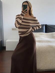 DAZY 2pcs/Set Women Off-Shoulder Striped Sweater, Autumn/Winter - Coffee Brown - View 1
